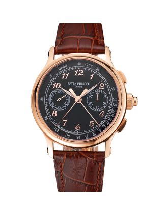 Swiss Patek Philippe Split Seconds Chronograph Black Dial Rose Gold Case Brown Leather Strap