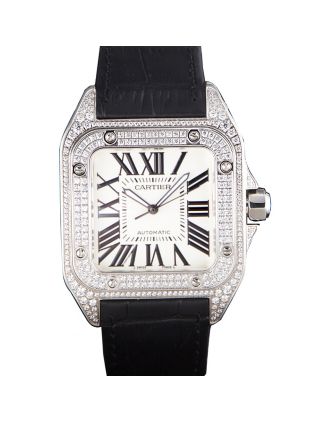 Swiss Cartier Santos Silver Bezel with Diamonds and Black Leather Strap sct47 621531