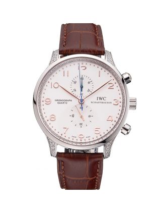 IWC Portugieser Chronograph White Dial Rose Gold Hands And Numerals Steel Case With Diamonds Brown Leather Strap