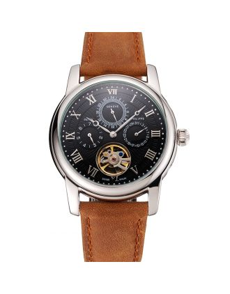Patek Philippe Grand Complications Day Date Tourbillon Black Dial Numerals Stainless Steel Case Brown Suede Leather Strap 1453816