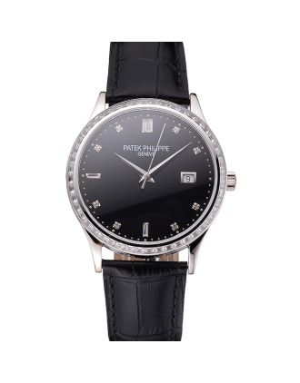 Swiss Patek Philippe Calatrava Black Dial Diamond Bezel Stainless Steel Case Black Leather Strap