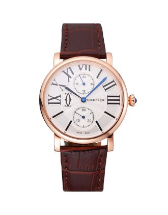 Cartier Ronde Second Time Zone White Dial Gold Case Brown Leather Strap 622801