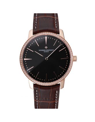 Swiss Vacheron Constantin Patrimony Grand Taille Black Dial Rose Gold Diamonds Case Brown Leather Bracelet 1454174