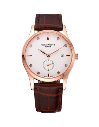 Patek Philippe Calatrava White Dial Diamond Numerals Rose Gold Case Brown Leather Strap 622834
