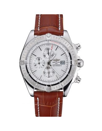 Breitling Chronomat 13 Stainless Steel Case White Dial Brown Leather Bracelet 622239