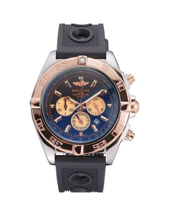 Breitling Chronomat Black Dial Rose Gold Bezel And Subdials Stainless Steel Case Black Rubber Strap