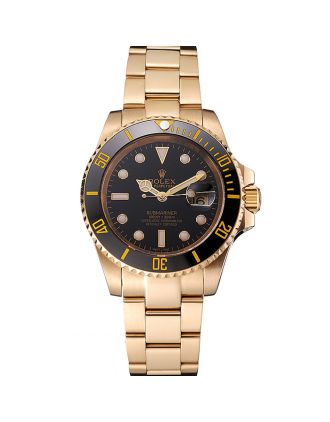 Swiss Rolex Submariner Black Dial Black Bezel Yellow Gold Case And Bracelet