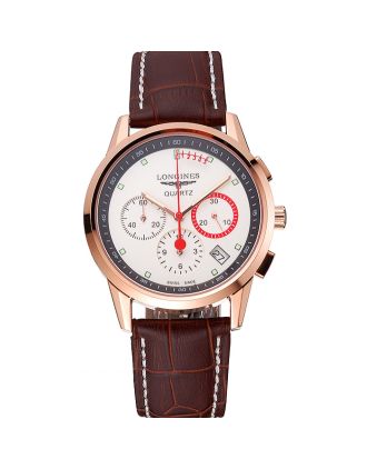 Longines Column Wheel White Dial Gold Case Brown Leather Strap