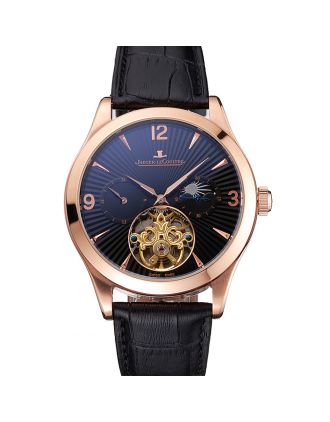 Jaeger LeCoultre Master Moonphase Tourbillon Black Dial Rose Gold Case Black Leather Strap