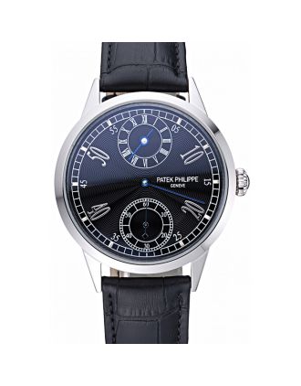 Patek Philippe Geneve Two Dial Black Dial Stainless Steel Bezel Black Leather Band 622145
