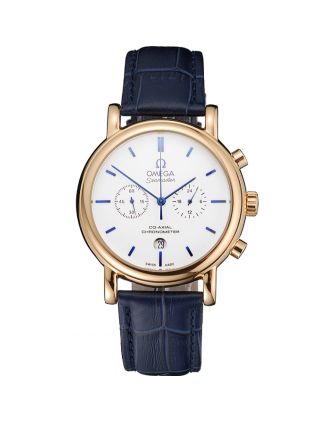 Omega Seamaster Vintage Chronograph White Dial Blue Hour Marks Gold Case Blue Leather Strap