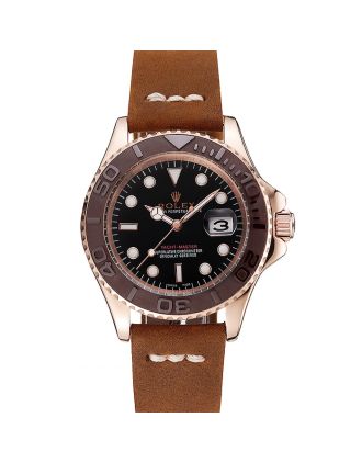Rolex Yacht Master Black Dial Brown Bezel Rose Gold Case Brown Leather Bracelet 1453860