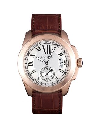 Cartier Calibre White Dial Gold Case Brown Leather Bracelet