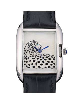 Cartier Tank Anglaise White Tiger Dial Stainless Steel Case Black Leather Bracelet