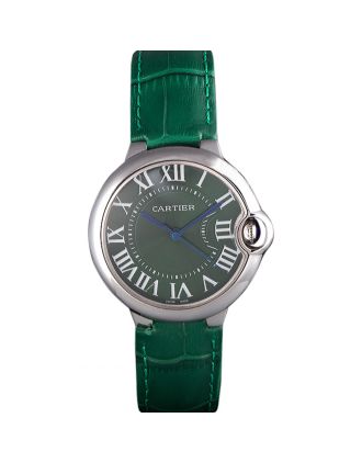 Cartier Ballon Bleu Silver Bezel with Green Dial and Green Leather Band 621553
