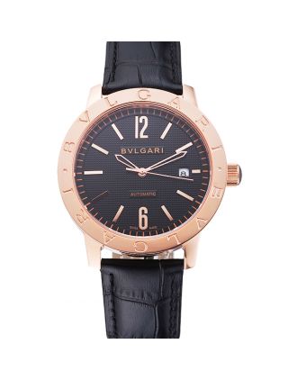 Bvlgari Novelties Black Dial Gold Case Black Leather Strap