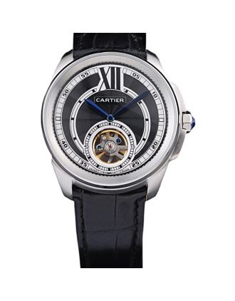 Cartier Calibre Flying Tourbillon Black Dial Stainless Steel Case Black Leather Bracelet