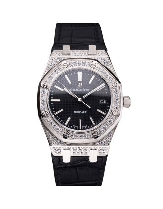 Swiss Audemars Piguet Royal Oak Black Dial Steel Case With Diamonds Black Leather Strap