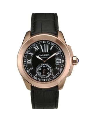 Cartier Calibre Black Dial Gold Case Black Leather Bracelet