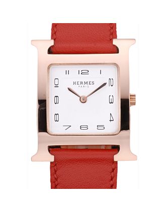 Hermes Heure H Rose Gold Bezel Red Leather Strap White Dial 80233