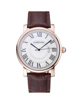 Cartier Rotonde White Dial Gold Case Brown Leather Bracelet 1454221