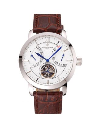 Vacheron Constantin Tourbillon White Dial Stainless Steel Case Brown Leather Bracelet