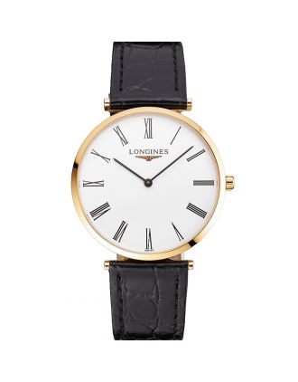 Swiss Longines Grande Classique White Dial Roman Numerals Gold Case Black Leather Strap
