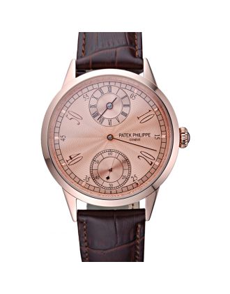 Patek Philippe Geneve Two Dial Rose Dial Rose Gold Bezel Brown Leather Band 622149