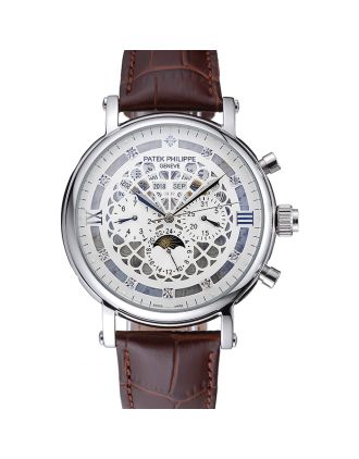Patek Philippe Grand Complications Annual Calendar White Dial Diamond Numerals Brown Leather Bracelet 1454234
