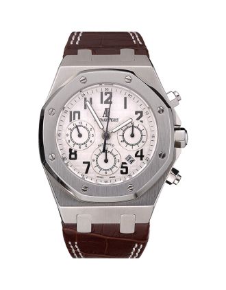 Swiss Audemars Piguet Royal Oak Chronograph White Dial Stainless Steel Case Brown Leather Strap 622864