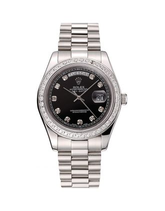 Swiss Rolex Day-Date Black Dial Diamond Case Diamond Numerals Stainless Steel Bracelet 1453965