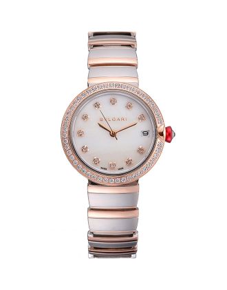 Bvlgari Lvcea White Dial Diamond Hour Markings Rose Gold Case With Diamonds Two Tone Bracelet