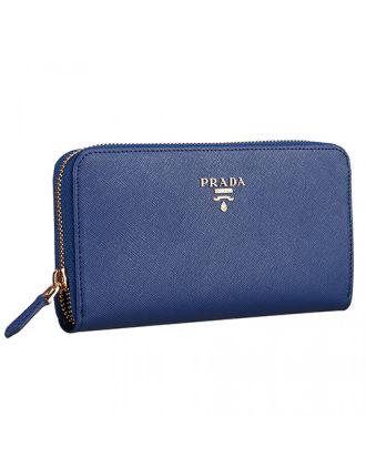 Prada Saffiano Leather Zip Around Dark Blue Wallet