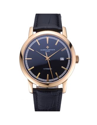Swiss Vacheron Constantin Patrimony Traditionnelle Gold Case Black Leather Bracelet 622558