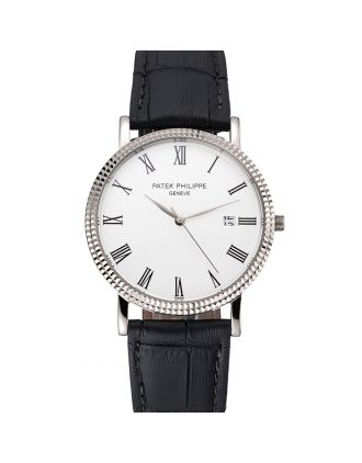 Patek Philippe Calatrava White Dial Roman Numerals Ribbed Bezel Stainless Steel Case Black Leather Strap