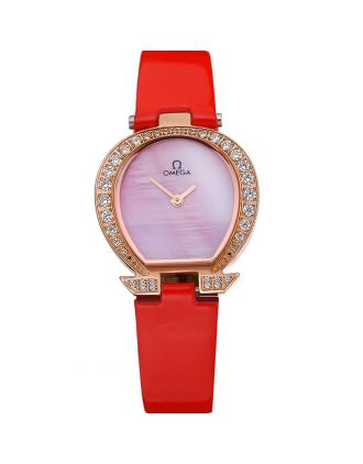 Omega Ladies Watch Pink Dial Gold Case With Diamonds Red Leather Strap 622831