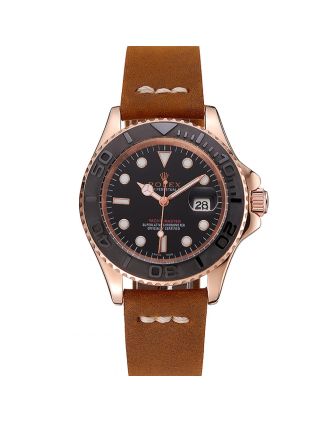 Rolex Yacht Master Black Dial Rose Gold Case Brown Leather Bracelet 1453861