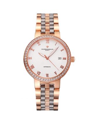 Swiss Vacheron Constantin Traditionnelle White Dial Diamond Bezel Rose Gold Case Two Tone Bracelet