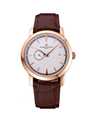 Swiss Vacheron Constantin Patrimony Contemporaine Rose Gold Case White Dial Brown Leather Bracelet 622680