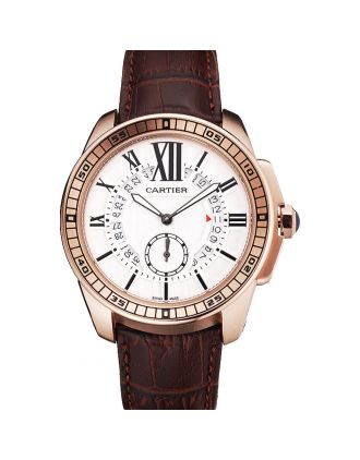 Cartier Calibre De Cartier Small Seconds White Dial Rose Gold Case Brown Leather Strap