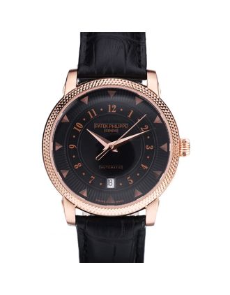 Patek Philippe Swiss Calatrava Ribbed Bezel Black Dial Black Leather Strap 7651