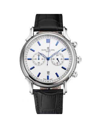 Patek Philippe Chronograph White Dial Blue Markings Stainless Steel Case Black Leather Strap