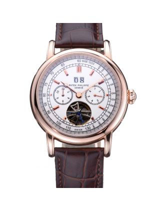 Patek Philippe Geneve Grand Complications White Dial Tourbillon Rose Gold Bezel Brown Band 622156