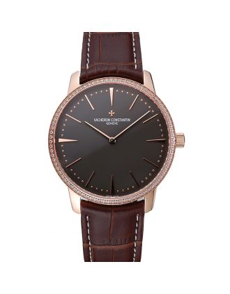 Swiss Vacheron Constantin Patrimony Grand Taille Grey Dial Rose Gold Diamonds Case Brown Leather Bracelet 1454172