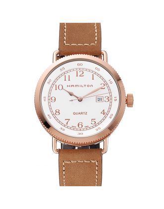 Hamilton Navy Pioneer White Dial Rose Gold Case Light Brown Leather Strap