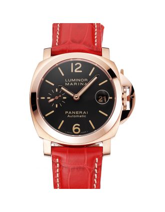 Swiss Panerai Luminor Marina Black Dial Rose Gold Case Red Leather Strap