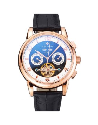 Patek Philippe Perpetual Calendar Tourbillon Black And White Dial Rose Gold Case Black Leather Strap