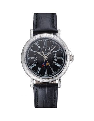 Patek Philippe Perpetual Calendar Retrograde Date Black Dial Engraved Silver Case Black Leather Bracelet 1454146