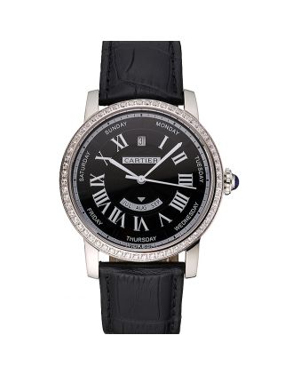 Swiss Cartier Ballon Bleu GMT Silver Dial Stainless Steel Case Black Leather Strap