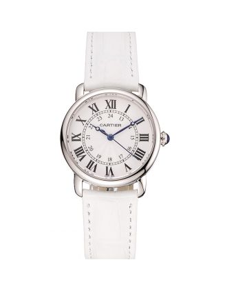 Cartier Ronde White Dial Stainless Steel Case White Leather Strap